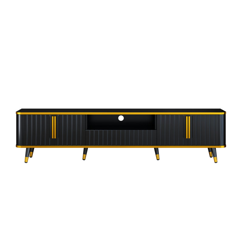 Tv Stand With Cabinets & Drawer, Black And Gold, Entertainment Center For Home Use Stylish Console Tvs, Open Storage Shelf, Cabinets, Golden Look