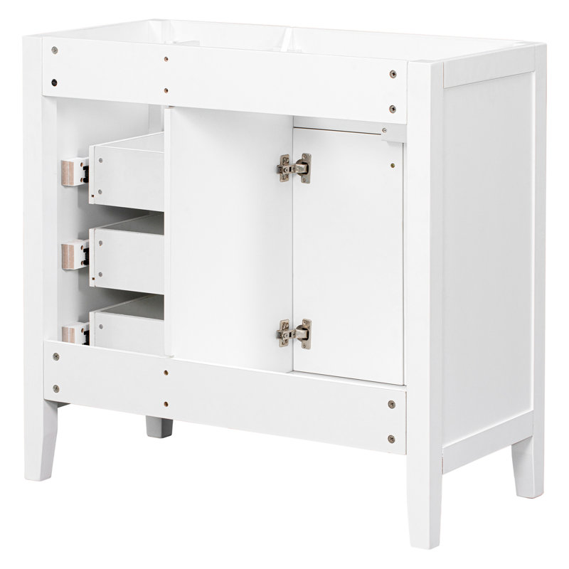 Base de meuble-lavabo blanc de 36 po seulement. Armoire à tiroirs pour le rangement. Bois massif et design moderne. Autoportante. Base requise pour l'assemblage. Meubles en caoutchouc.