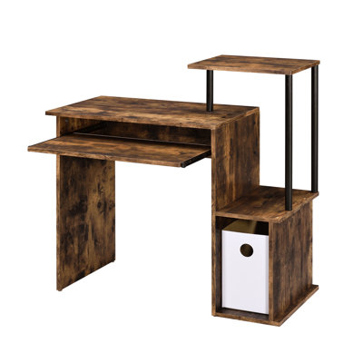 Weathered Oak & Black Computer Desk With Keyboard Tray And Storage Space, Rectangular Metal Veneer Shelf Desk, Tray, Shelf, Synthetic Wood