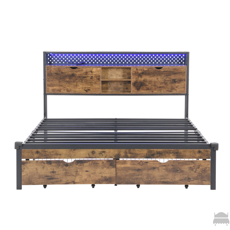 Base de lit plateforme en métal avec tête de lit en bois et pied de lit USB, station de charge, 2 tiroirs, rangement, lumières DEL, aucun sommier requis, assemblage facile