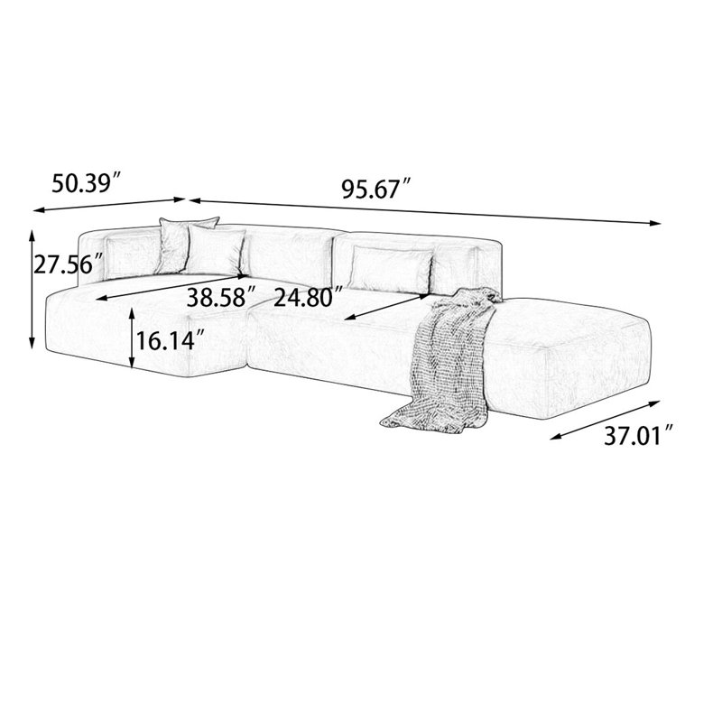 Canapé modulaire 2 pièces rembourré, Face à la gauche, H 27,56 po x l 95,67 po x P 50,39 po