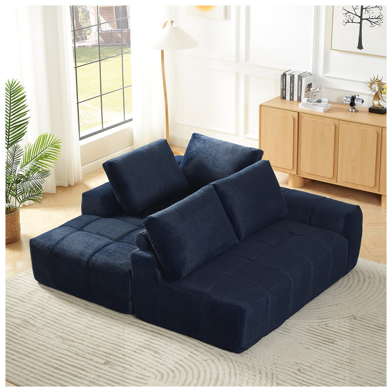 Canapé d'angle en fausse fourrure bleu foncé, canapé modulaire surdimensionné 4 places avec capitonnage pour salon et appartement