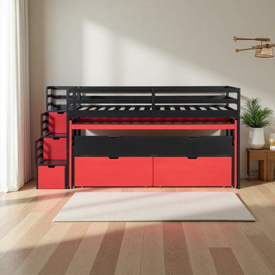Loft Bed with Pull-Out Desk and Twin Trundle, Multi-Functional Bunk Bed with 2 Storage Drawers and Storage Steps, Space-Saving Gaming  Workstation Bedframe