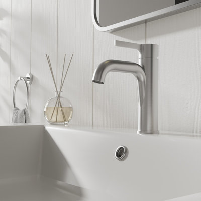 Bathroom Sink Faucet 1 Hole, Brushed Nickel Single Hole Single Handle Vanity Faucet, with Metal Pop- Up Drain and Water Supply Lines