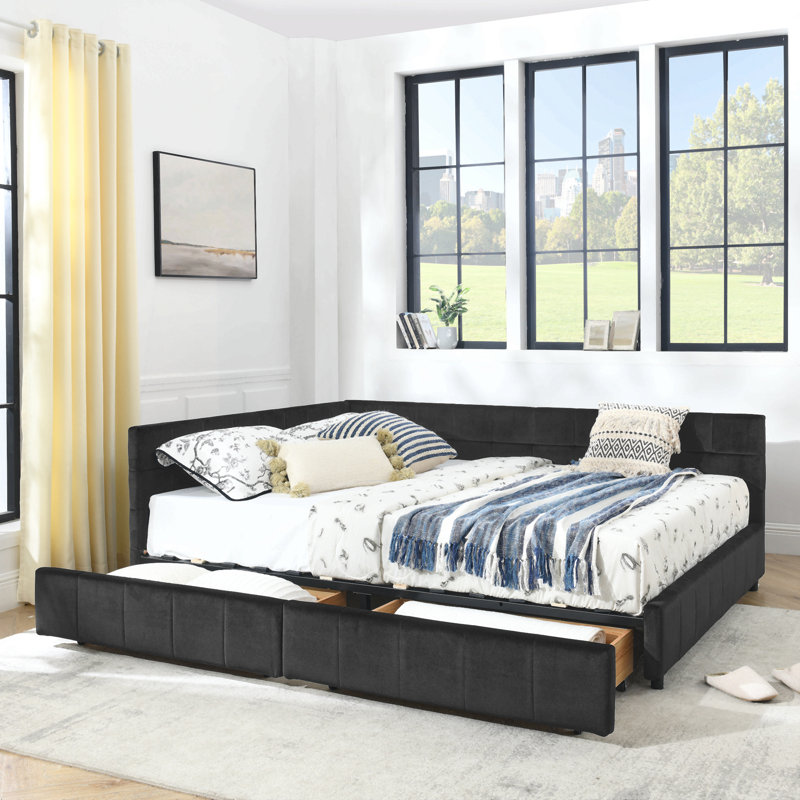 Queen Size Storage Upholstered Tufted Bed Frame, Sofa Bed Frame With Comfortable Backrest And Armrests, Queen Size Bed For Bedroom, Living Room,Velvet