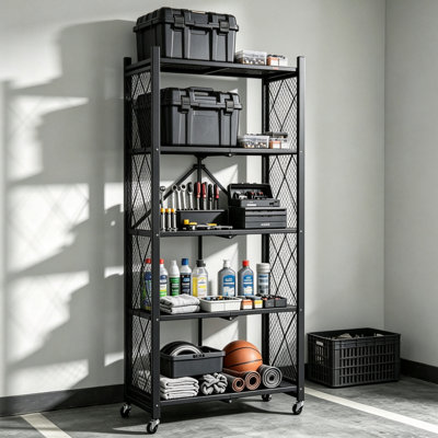Étagère de rangement pliante en métal à cinq niveaux avec roulettes - Unité de rangement polyvalente pour le garage et la cuisine. Conception ventilée, aucun assemblage requis. Style en fer forgé noir, idéal pour les sous-sols et le rangement des aliments.