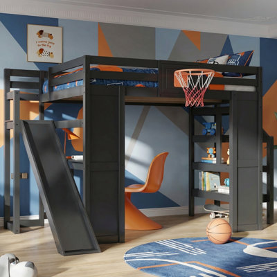 Full Size Wooden Loft bed with Built-in Desk, Basketball hoop, Slide and Staircase, Black