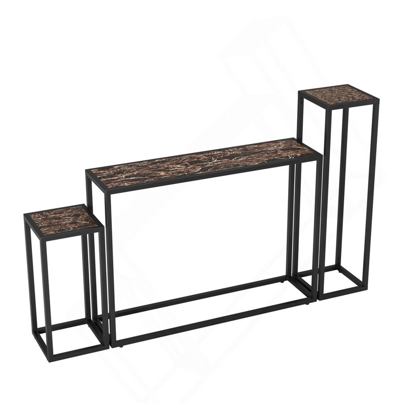 Ensemble de 3 pièces de table étroite, de table d'entrée à bord haut de gamme, de table de couloir industrielle, de salon, de hall d'entrée, de couleur brun noir