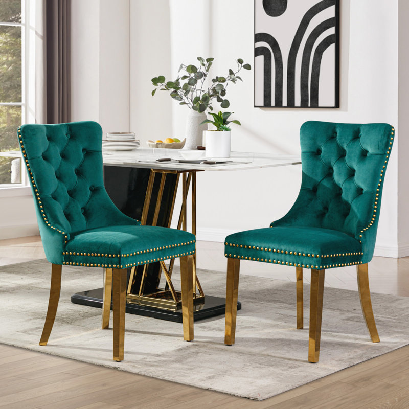 Chaises de salle à manger, chaise de salle à manger rembourrée haut de gamme avec anneau clouté, Doré, Velours vert, 4
