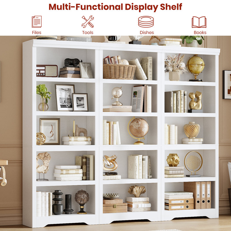5-Tier Farmhouse Bookcase with Adjustable Shelves, Floor Standing Open Display Storage Rack, Anti-Slip Design, White
