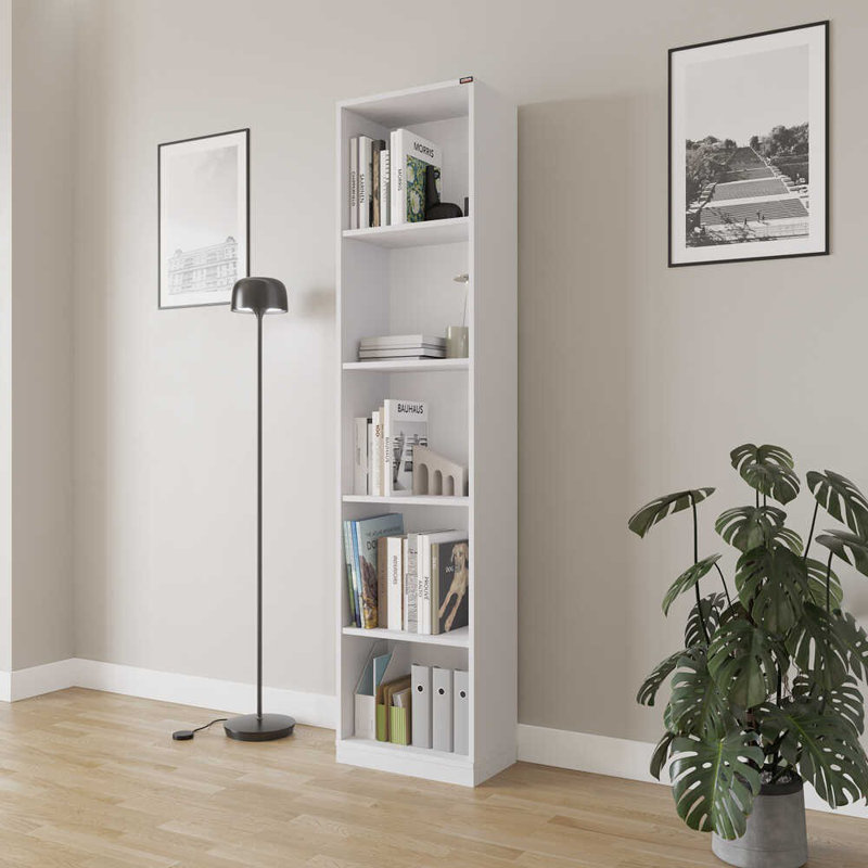 Bibliothèque moderne blanche, 5 tablettes, 16,9 po x 71,7 po x 10,2 po | Panneau de particules revêtu de mélamine à 100%, conception murale | Solution de rangement élégante pour la maison et le bureau, élégante et peu encombrante