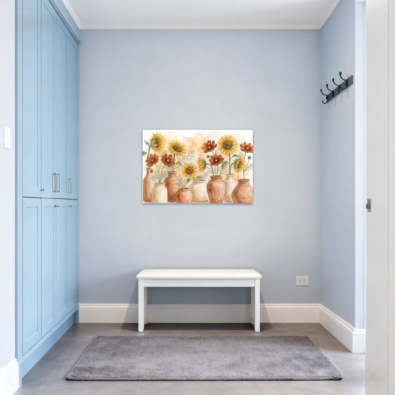 Plantes et fleurs tournesols et marguerites dans des vases en céramique, H 20 po x l 30 po