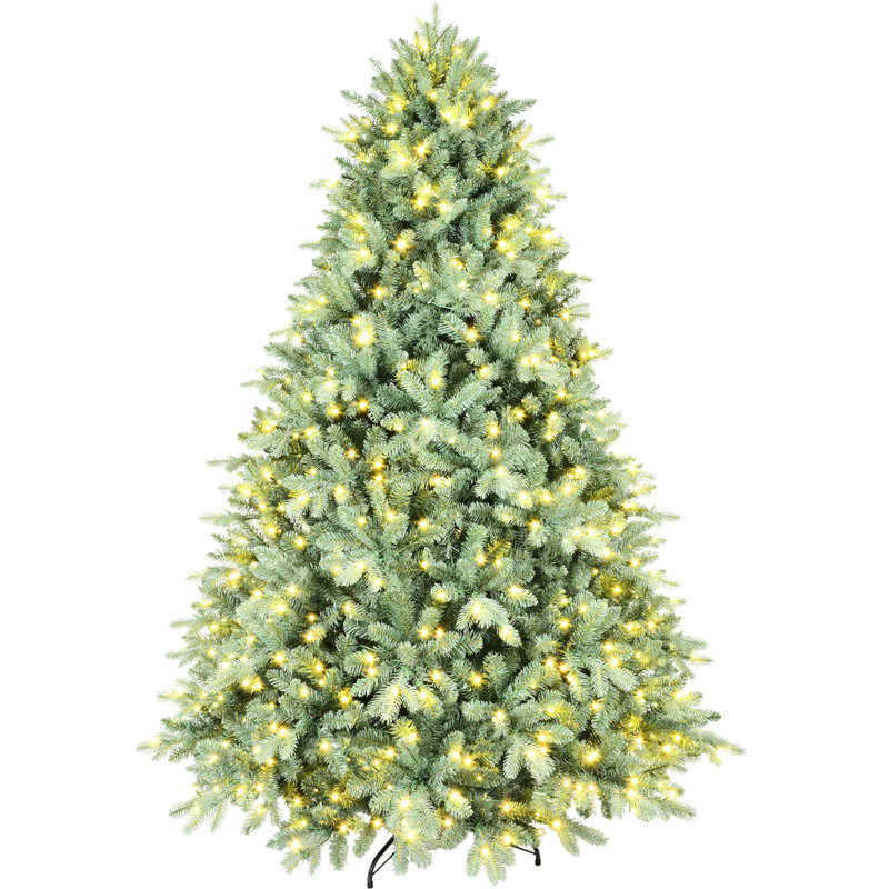 Arbre de Noël bleu de 7 pi avec 700 lumières à DEL blanc chaud, 2518 pointes Pe +, branches à charnières pour une installation rapide, décoration de Noël à base en métal avec des fêtes solides
