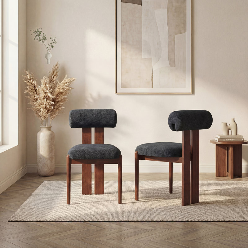Mid-Century Modern Wooden Dining Chairs, Upholstered Fabric with Sculptural Backrest & Solid Wood Legs, Walnut, Dark Blue