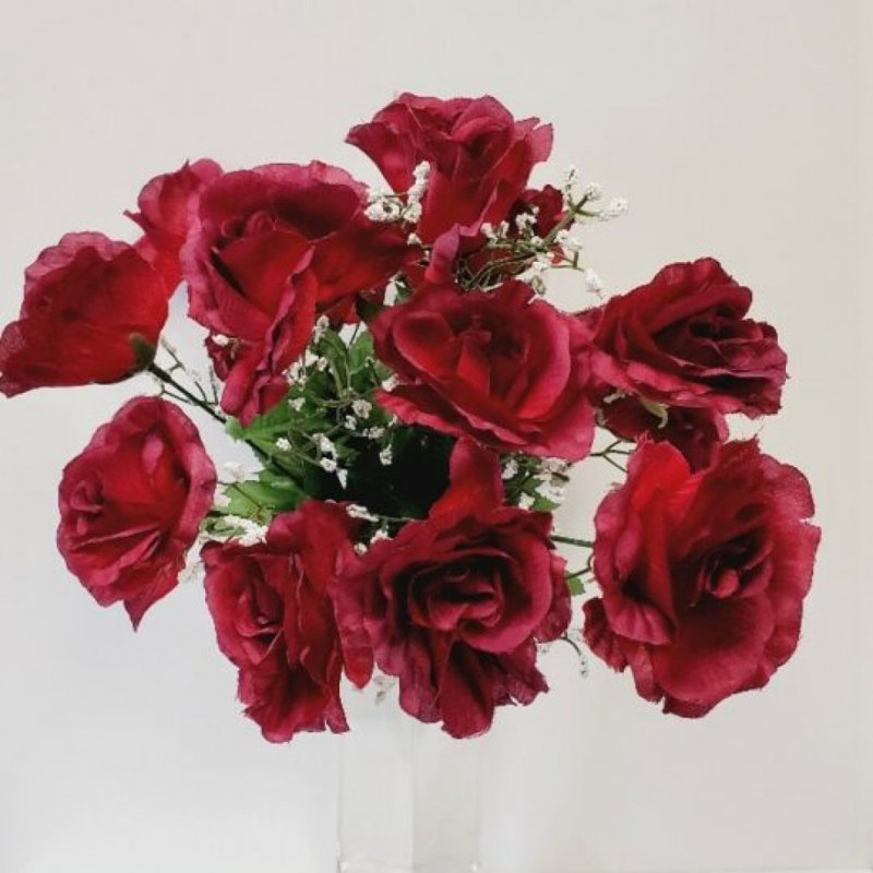 Open Rose Bush Artificial Flowers, Burgundy