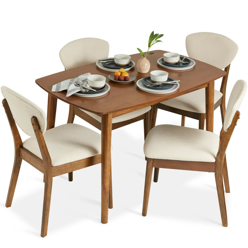 5-Piece Compact Wooden Mid-Century Modern Dining Set w/ 4 Chairs, Padded Seat & Back, Cream/Walnut