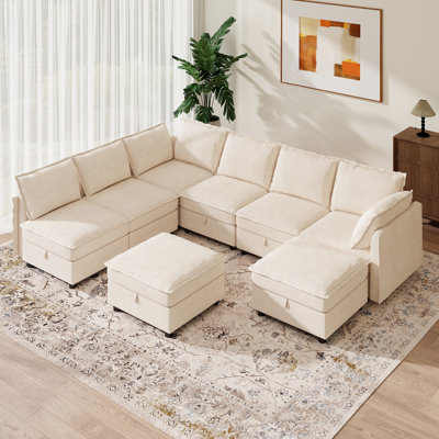Keswick 127" Modern 8 Seat Upholstered Chenille U Shaped Sectional Sofa with Storage Seats