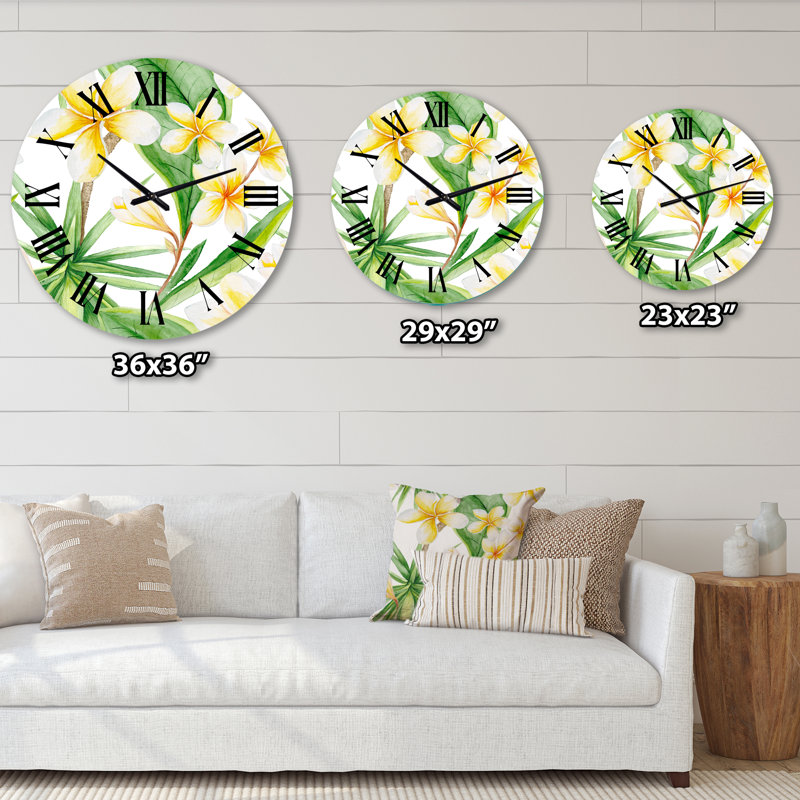 Horloge murale traditionnelle feuillage tropical et fleurs jaunes X, Grand