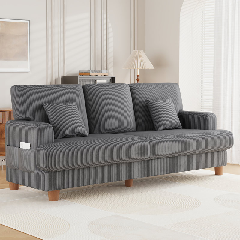 220cm Corduroy Sofa with 3 Seats, No Tool Assembly,Solid Wood Frame and Solid Wood Legs, Grey