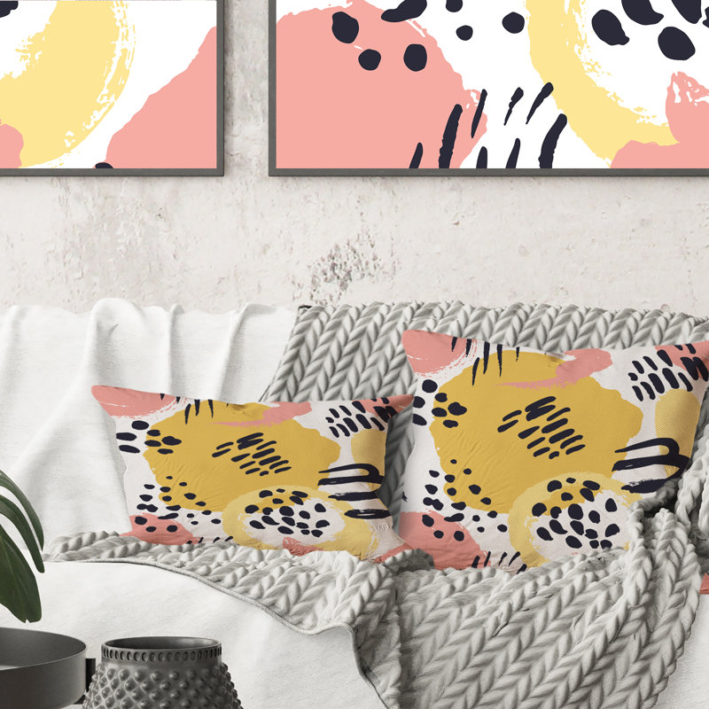Coussin décoratif rétro imprimé jaune et rose, 16 po x 16 po