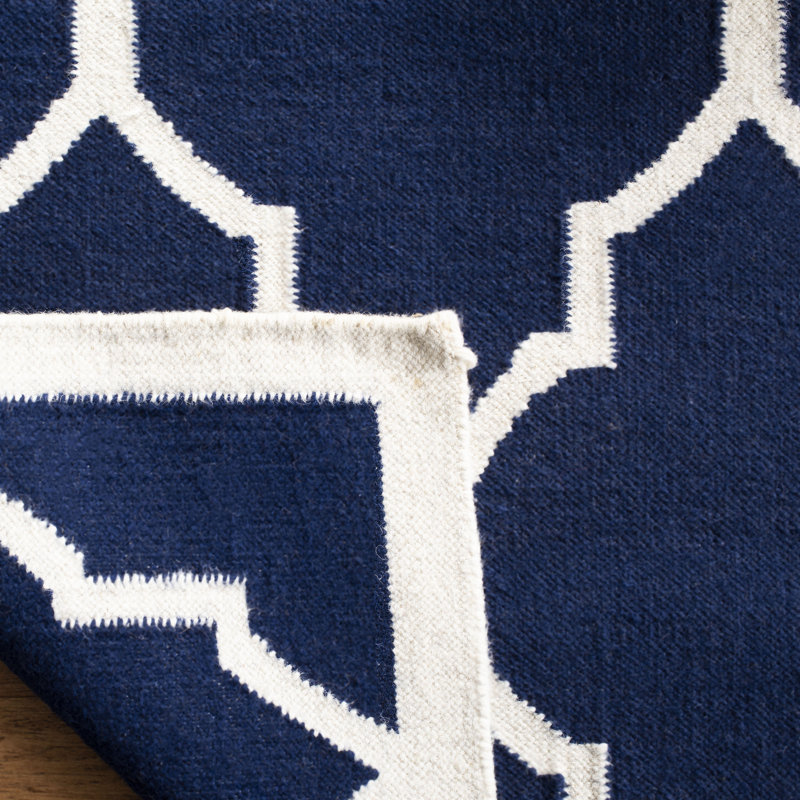 Emek Hand Woven Flat Weave Wool/Cotton Geometric Rug in Blue, Square 6'
