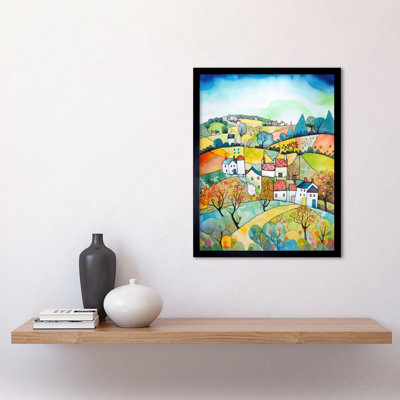 English Country Rural Landscape Folk Art Watercolour Painting Art Print Framed Poster Wall Decor 12x16 inch