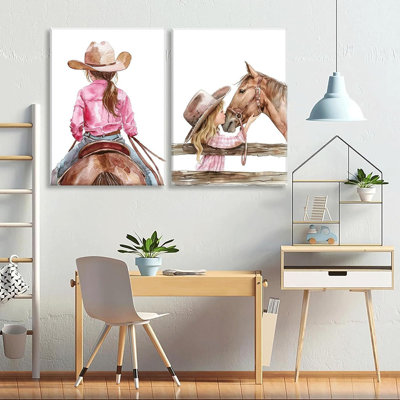 2 PCS Cowgirl pépinière Art mural fille et cheval affiche fille embrassant cheval photos peinture toile décor de style occidental américain impressions murales animaux affiches pour bébé chambre encadrée