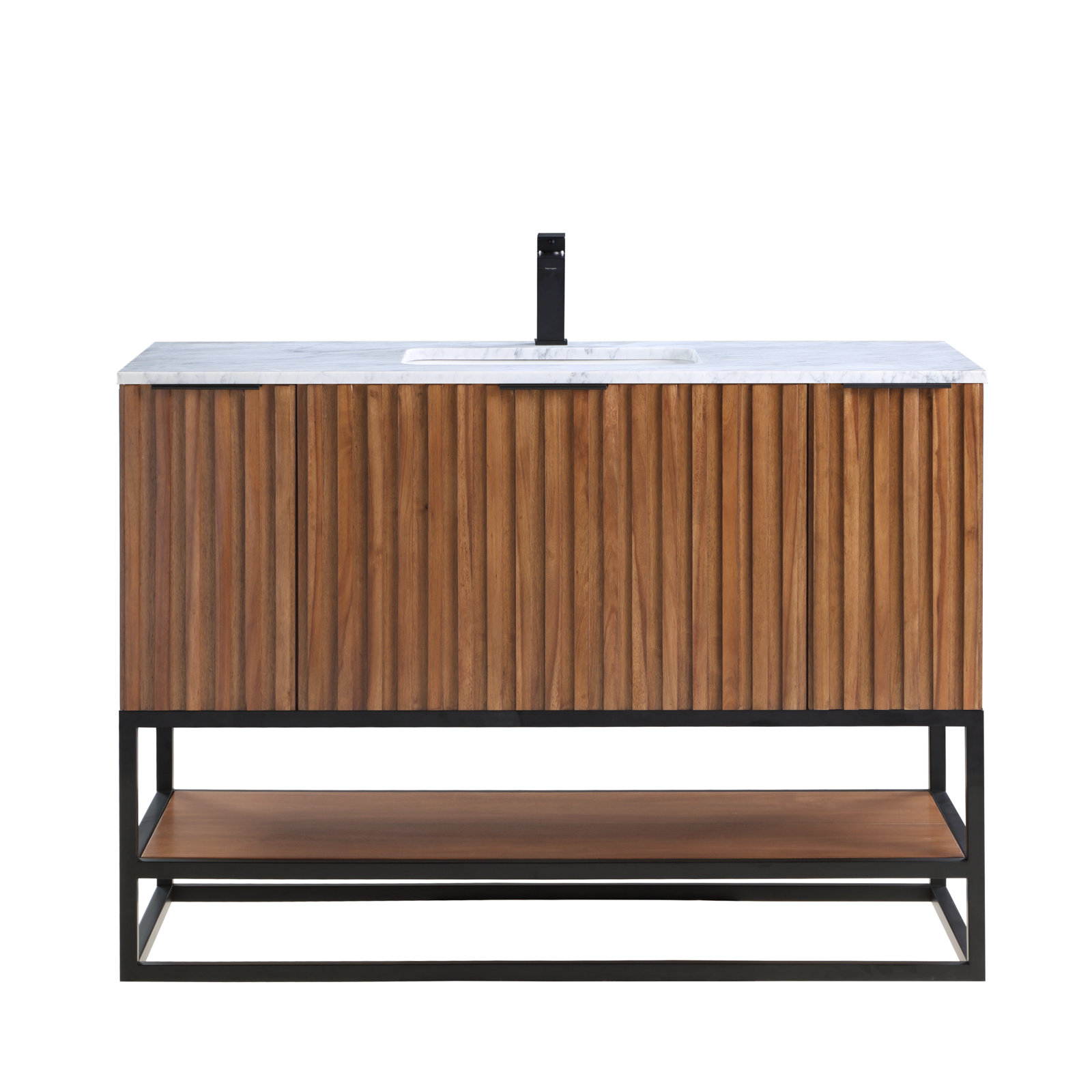 Terra 48'' Single Bathroom Vanity, Carrara Marble/Single Faucet Mount, Walnut, Matte Black