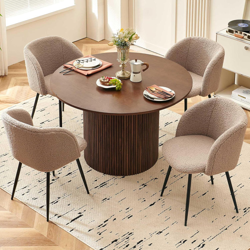 Round Table With Set Of Four Barrel Chairs, Walnut, Walnut, Brown