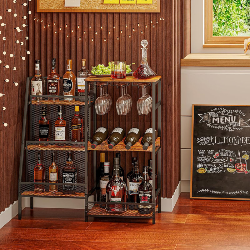 Mini Bar Table  3-Tier Trapezoidal Liquor Bottle Display Shelf with Glass Holder and Fences