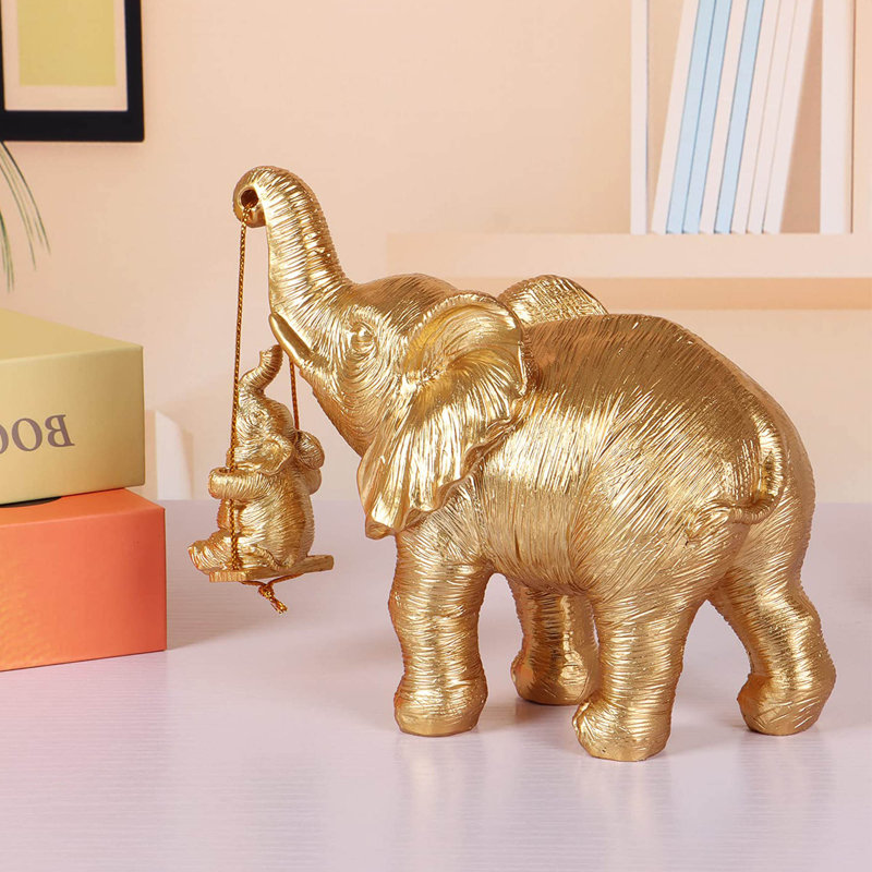 Gold Elephant Figurine Sculpture, Decorative Resin Elephant Statue with Baby, Modern Accent Decor for Shelf, Table, Living Room and Office