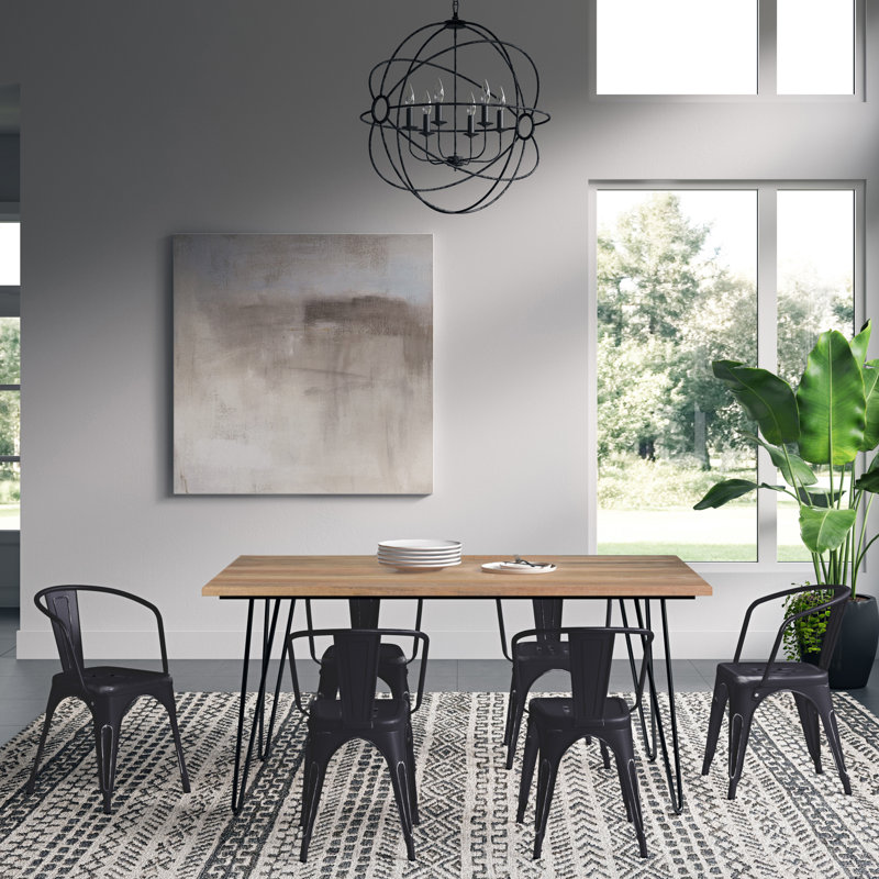 Ensemble repas industriel rustique 7 pièces avec table en bois de manguier massif et 6 chaises rembourrées Larkin