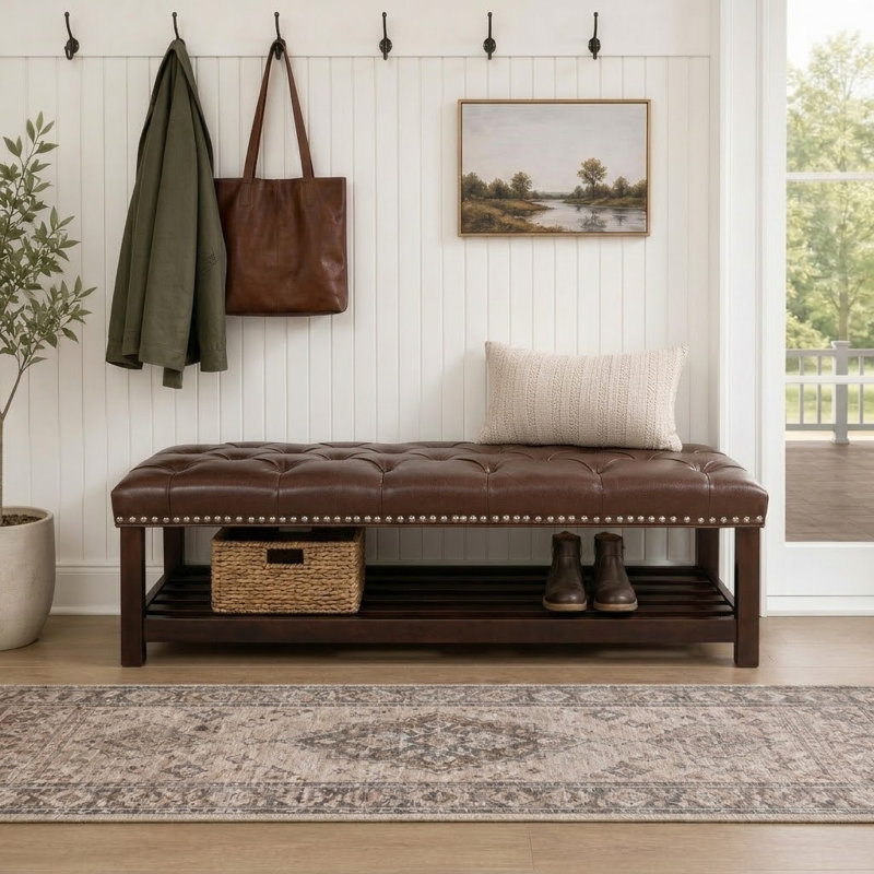 Banc de rangement en similicuir Valma, Brun