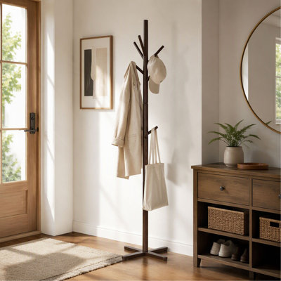 Modern Solid Wood Coat Rack with 9 Hooks,Freestanding Hall Tree Stand for Entryway and Home