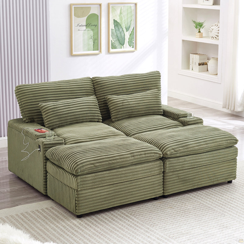Canapé-lit modulaire à combinaison libre 70,9 po avec causeuse avec espace de rangement, deux repose-pieds mobiles, quatre ports USB et deux porte-gobelets