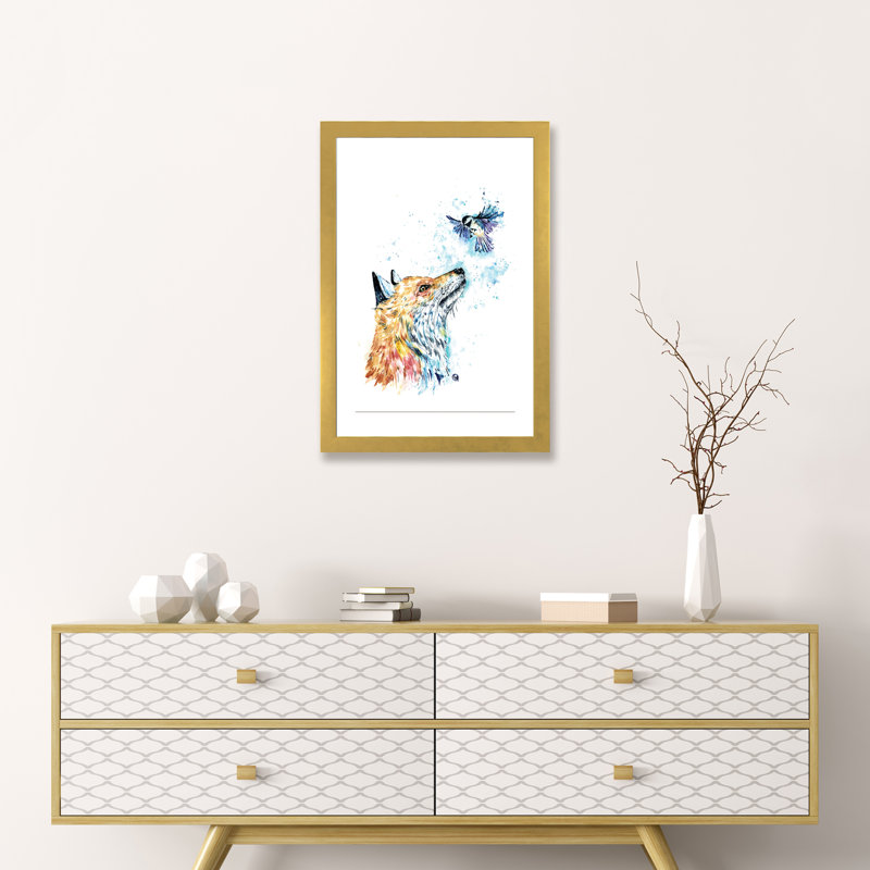 «Fox and Chickadee» par Lisa Whitehouse - impression d'art graphique, Papier encadré doré, Blanc, H 24 po x l 16 po x P 1 po