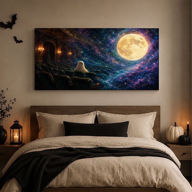 Fantôme dans un théâtre de velours vert face à la pleine lune - Toile murale d'Halloween, L 20 po x H 10 po