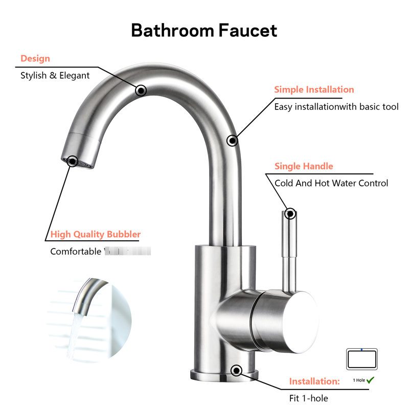 Brushed Nickel Bathroom Faucet For Single Hole Deck-Mounted - Made Of Stainless Steel Long-Lasting Beauty With A Sleek Design Modern Bathrooms