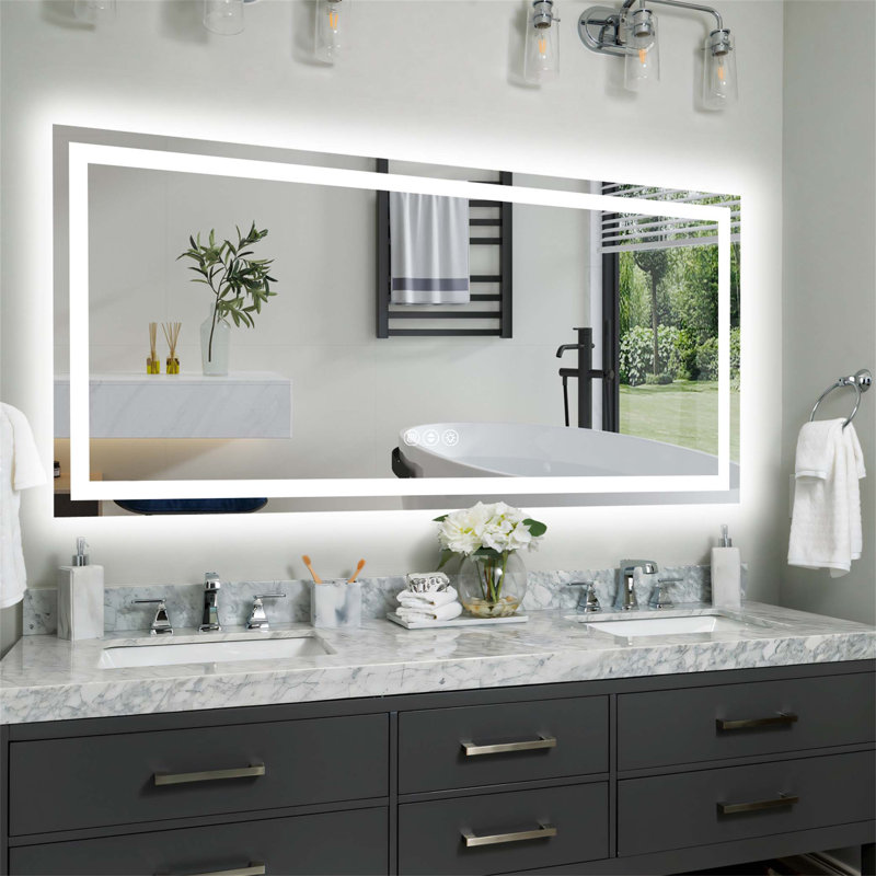 Miroir de salle de bain 60 po x 28 po à DEL sans cadre avec éclairage à intensité variable et fonction antibuée, écoénergétique