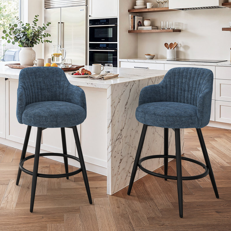 Tabouret de comptoir pivotant Kepler 26"H rembourré avec pieds en métal, design capitonné (ensemble de 2), Bleu, 2