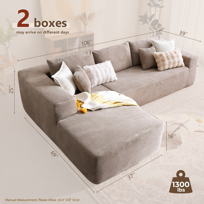 Canapé en velours côtelé désossé sans assemblage 2 pièces, Polyester beige