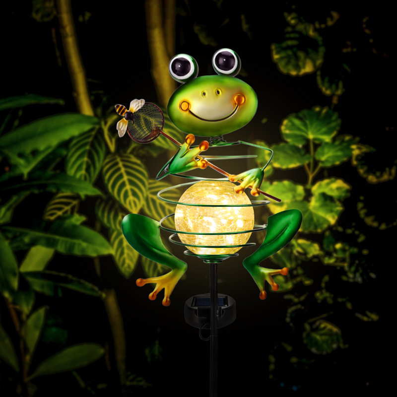 Hedaqi Frog Solar Garden Light, Metal Stake Light Crackle Glass Waterproof Globe Outdoor Decoration, Solar Power Led Light For Garden, Lawn, Patio, Pathway Decor