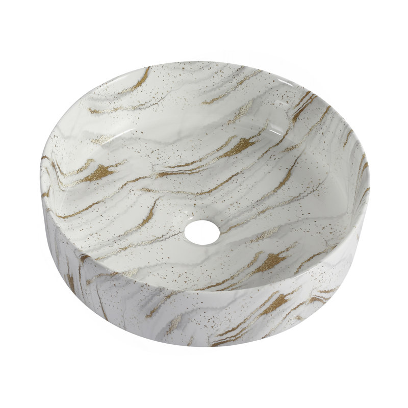 Lavabo de salle de bain rond en céramique sur fond blanc avec lignes dorées, Blanc et or