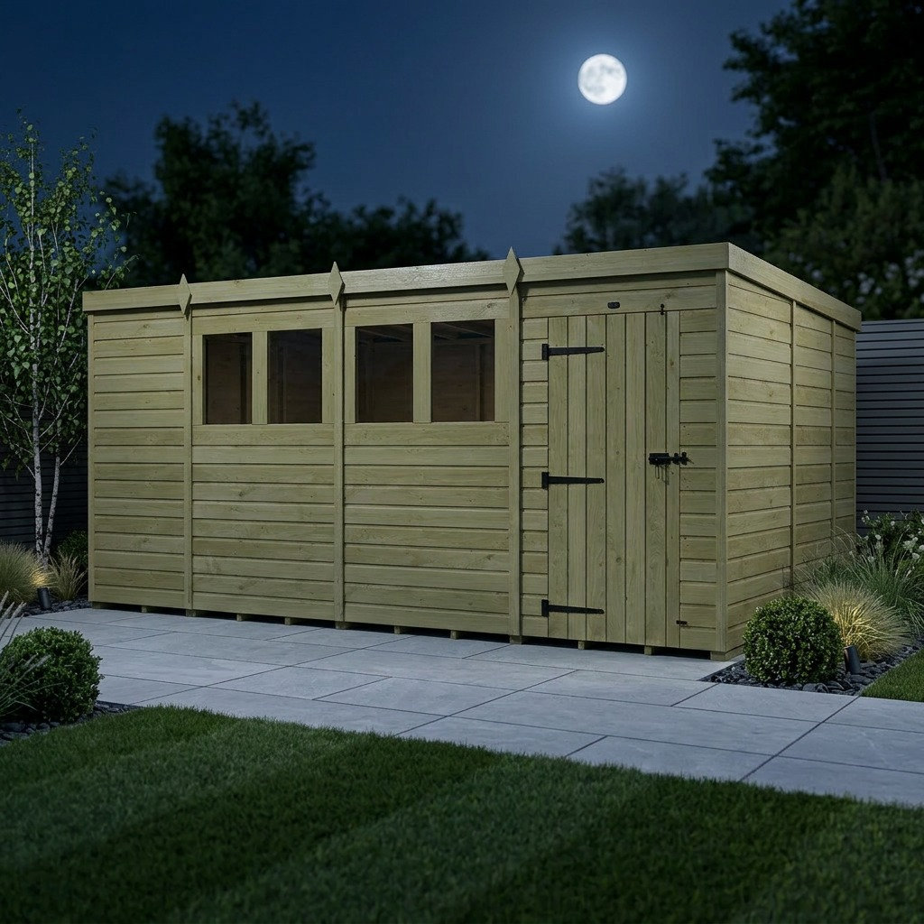 Total Sheds 15ft x 9ft Pent Garden Shed - Single Door - With Windows - Pressure Treated Timber - UK Manufactured