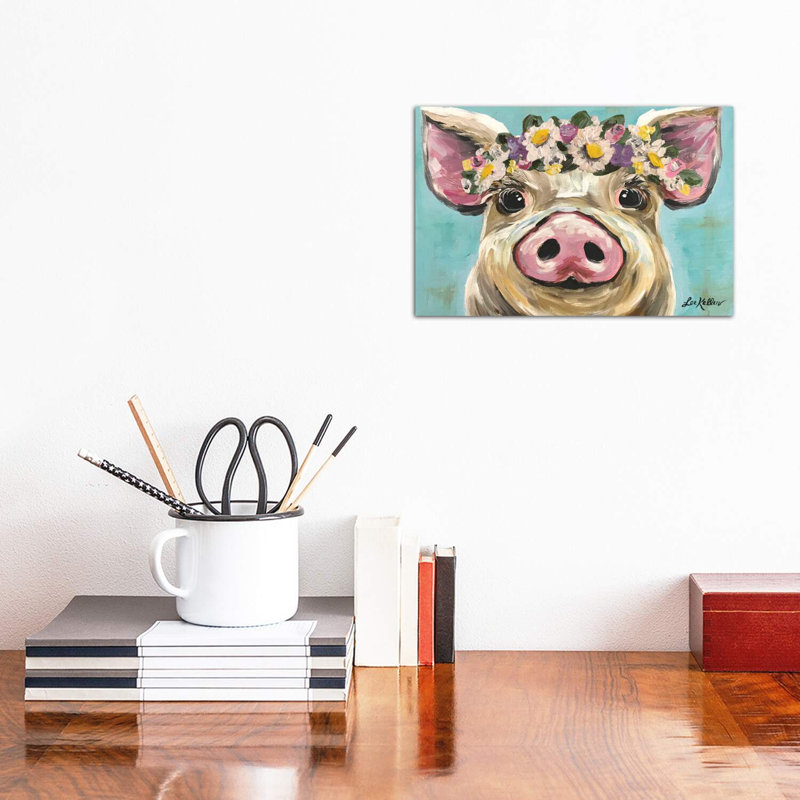 Pig With Flower Crown On Turquoise - Wrapped Canvas Painting, 20.32cm H x 30.48cm W x 1.91cm D