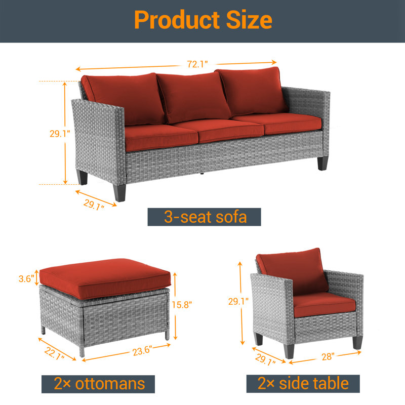 Ensemble de conversation d'extérieur pour 5 personnes avec coussins Astling, Rouge brique