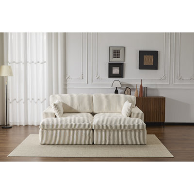 Double Chaise Lounge Chair, White Corduroy Oversized Sleeper Cloud Couch For Living Room, Deep Seat Luxury Bed, Sectional Love - Seat, No Assembly, Memory Foam Filler, 2 Seats Indoor Upholstered