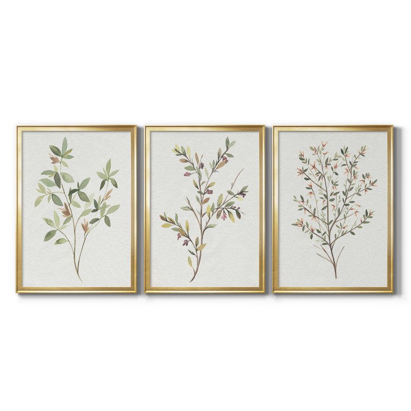 Single Sprig I - Matted and Framed Under Acrylic Glass, Set of 3, Large Living Room Wall Art, 24.5" H x 55.5" W x 1" D