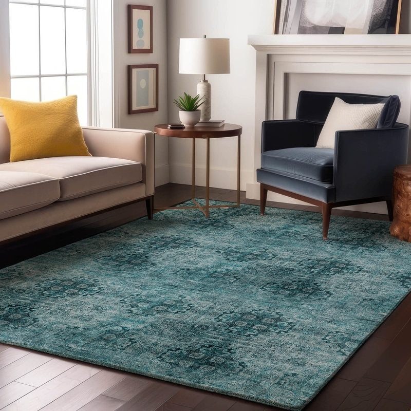 Teal Rectangular Washable Synthetic Boho Rug 46" x 30"