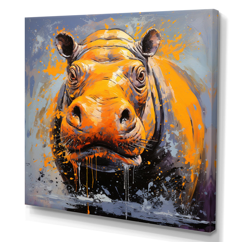 Art mural jaune hippopotame jaune - Hippopotame, Toile tendue, H 16 po x l 16 po